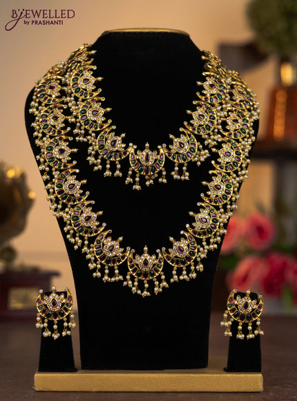 Antique combo set chandbali design with kemp & cz stones and pearl hangings