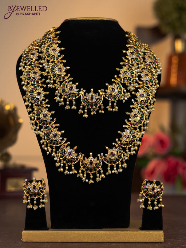 Antique combo set chandbali design with kemp & cz stones and pearl hangings
