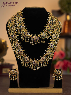 Antique combo set chandbali design with kemp & cz stones and pearl hangings