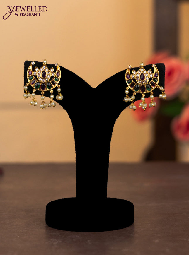 Antique combo set chandbali design with kemp & cz stones and pearl hangings