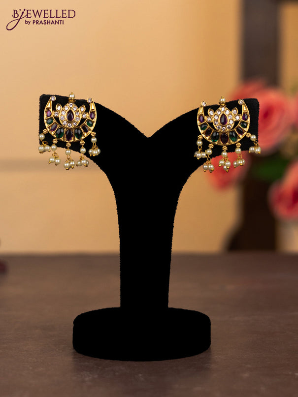 Antique combo set chandbali design with kemp & cz stones and pearl hangings