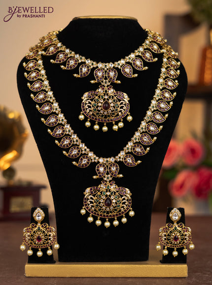 Antique combo set manga pattern with kemp & kundan stones and pearl hangings