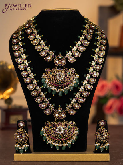 Antique combo set manga pattern with kemp & kundan stones and pearl & green beads hangings