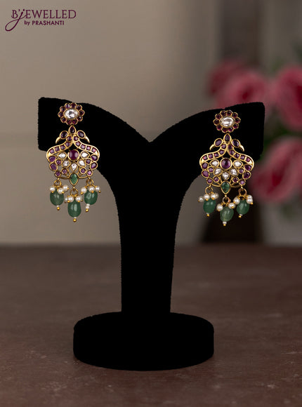 Antique combo set manga pattern with kemp & kundan stones and pearl & green beads hangings
