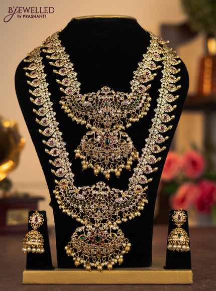 Antique combo set manga pattern with kemp & cz stones and pearl & golden beads hangings