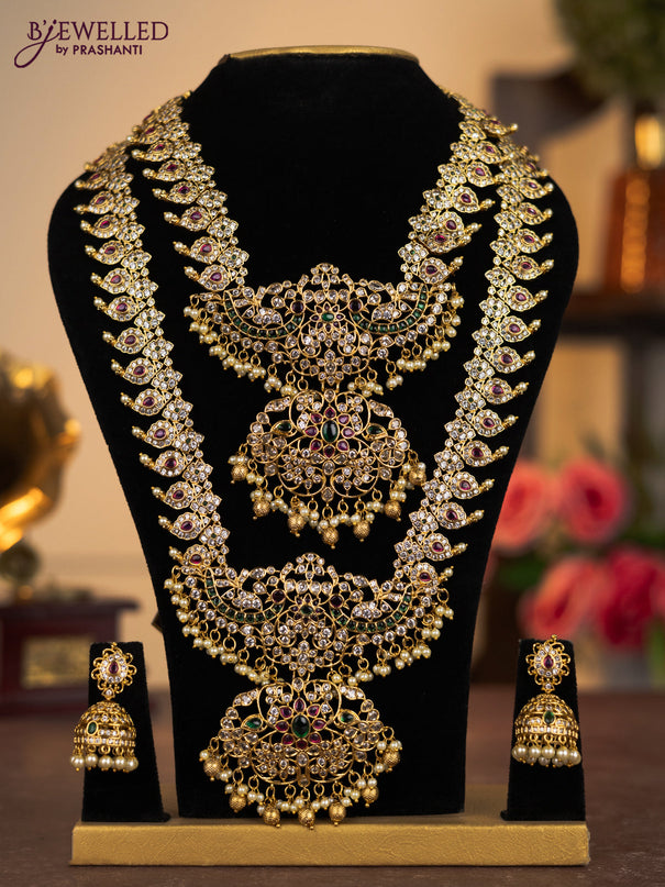 Antique combo set manga pattern with kemp & cz stones and pearl & golden beads hangings