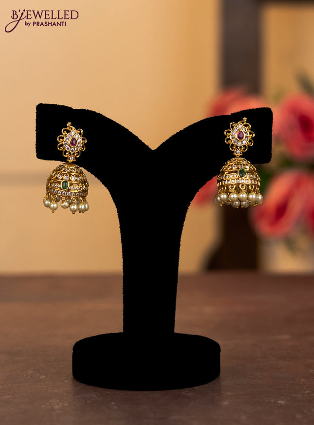 Antique combo set manga pattern with kemp & cz stones and pearl & golden beads hangings