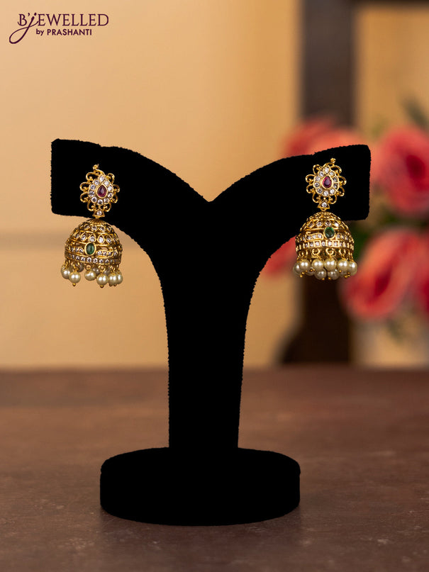 Antique combo set manga pattern with kemp & cz stones and pearl & golden beads hangings