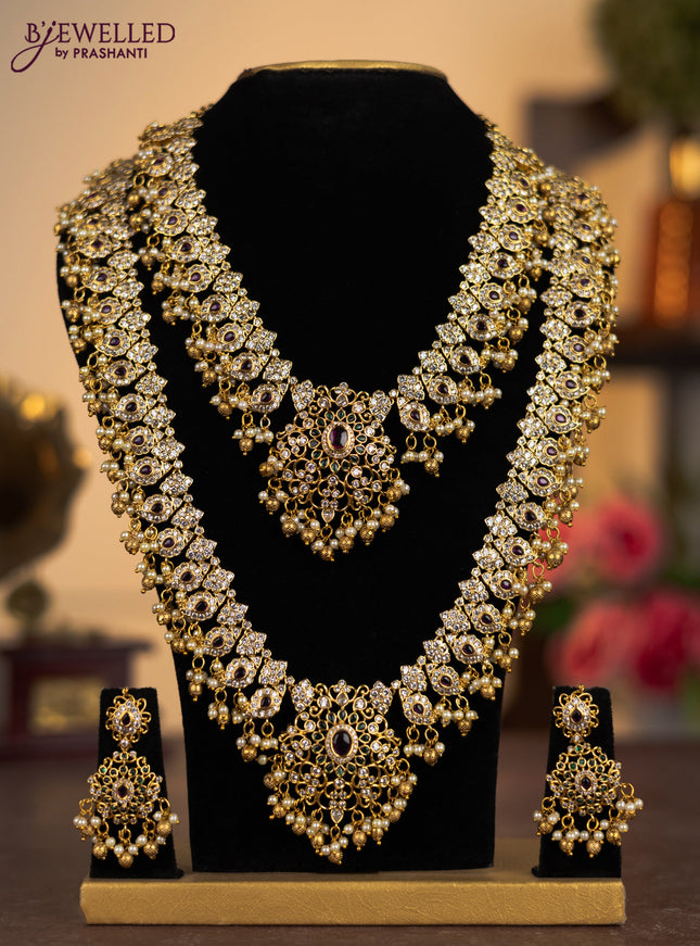 Antique combo set manga pattern with kemp & cz stones and pearl & golden beads hangings