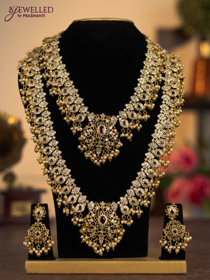 Antique combo set manga pattern with kemp & cz stones and pearl & golden beads hangings