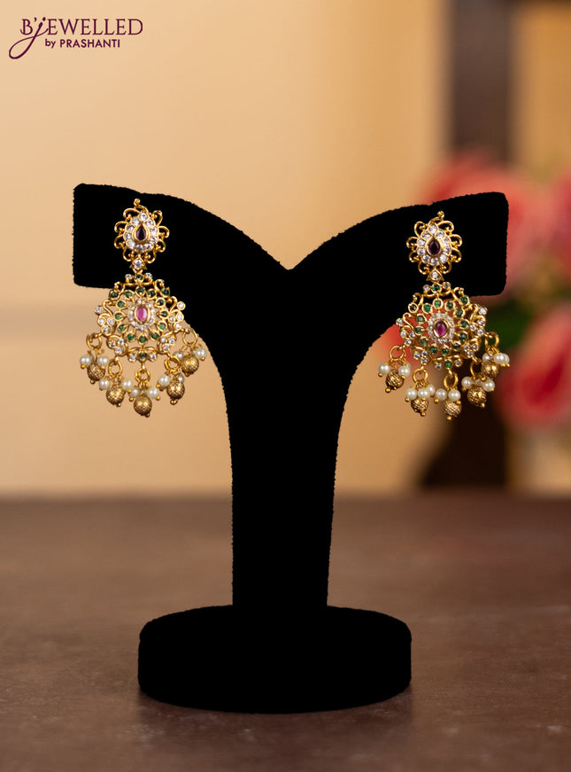 Antique combo set manga pattern with kemp & cz stones and pearl & golden beads hangings