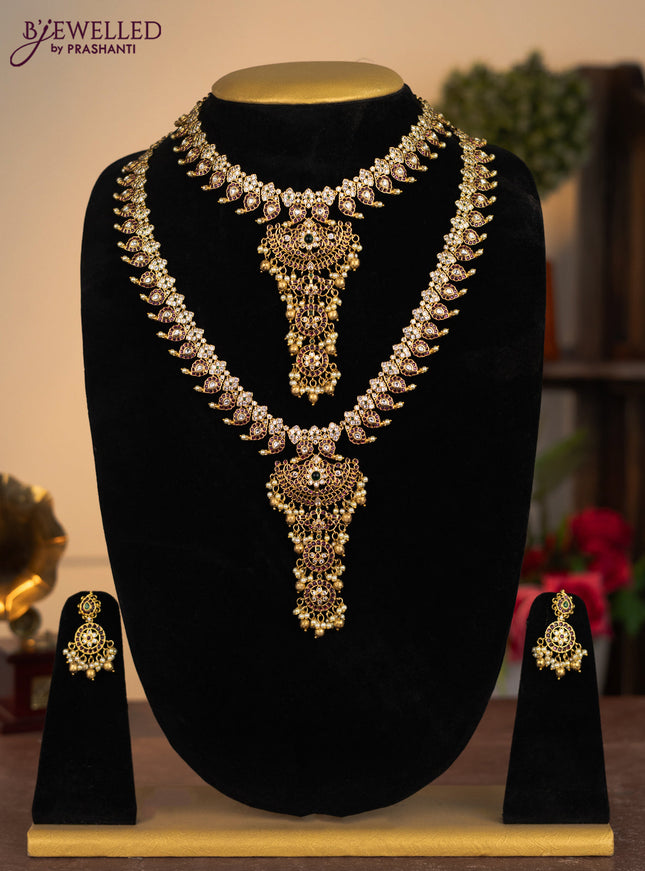 Antique combo set manga pattern with kemp & cz stones and pearl & golden beads hangings