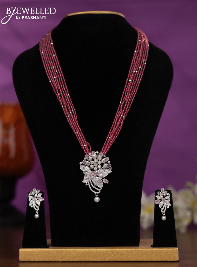 Crystal beaded pink necklace with baby pink & cz stones and pearl hanging