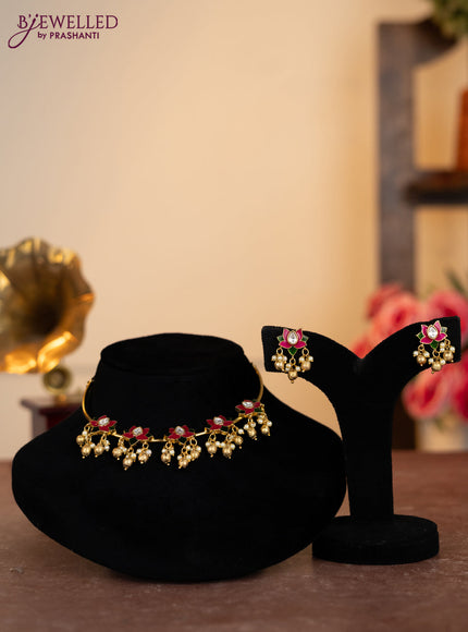 Antique ring type choker minakari lotus pendant with kundan stones and pearl & golden beads hangings