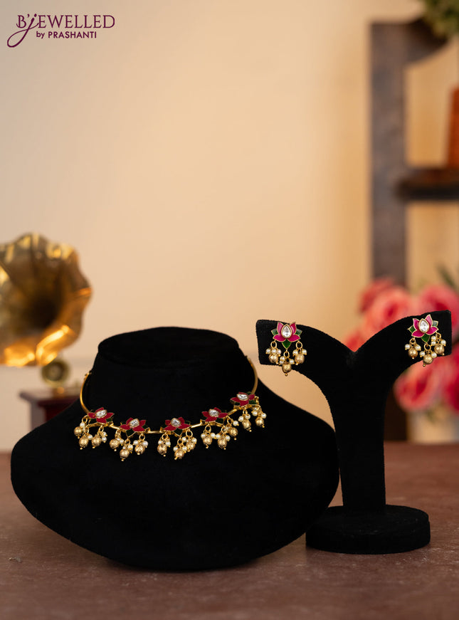 Antique ring type choker minakari lotus pendant with kundan stones and pearl & golden beads hangings