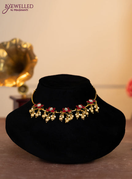 Antique ring type choker minakari lotus pendant with kundan stones and pearl & golden beads hangings
