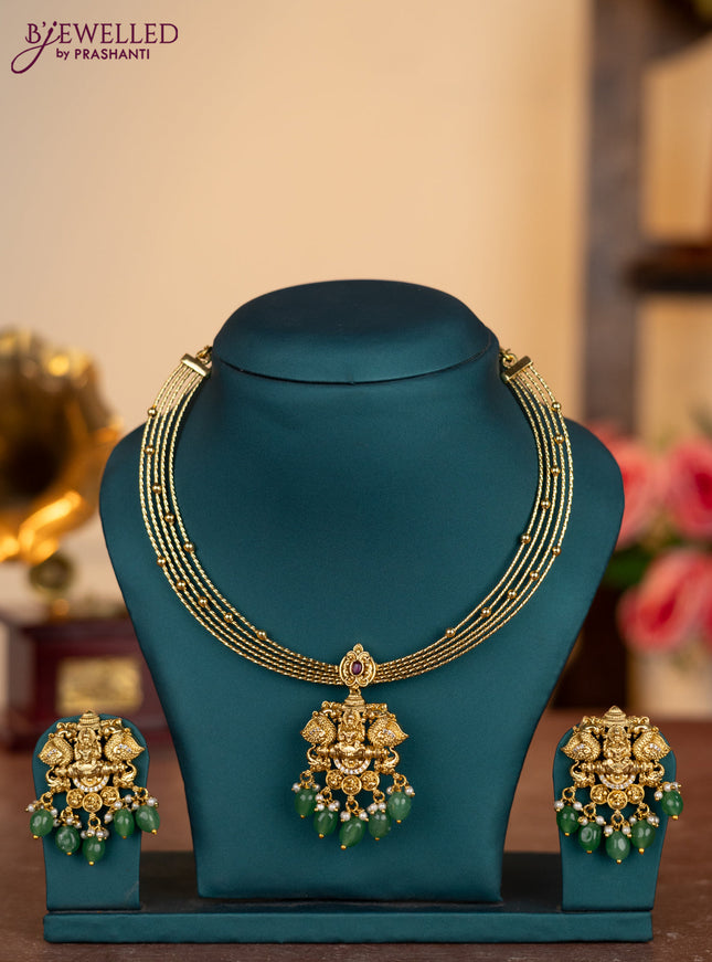 Antique ring type choker lakshmi pendant with ruby & cz stones and pearl & green beads hangings