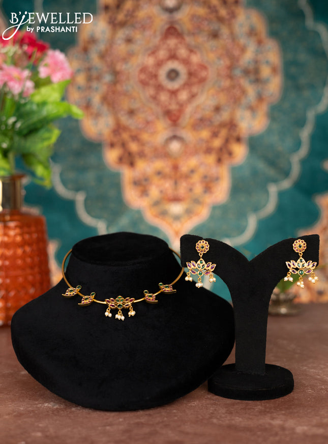 Antique ring type choker lotus pendant with kemp & cz stones and pearl hangings