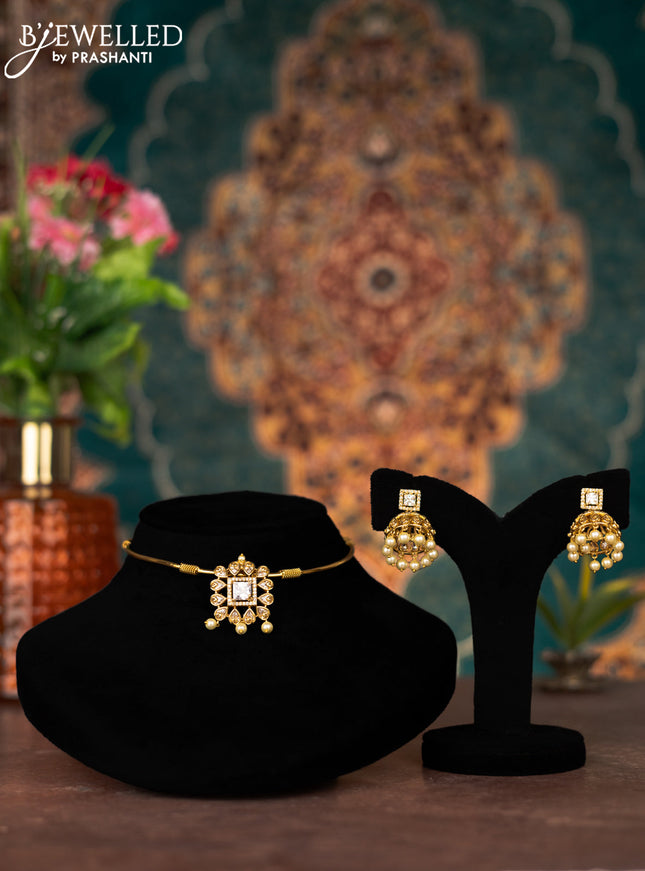 Antique ring type choker with cz stones and pearl hangings