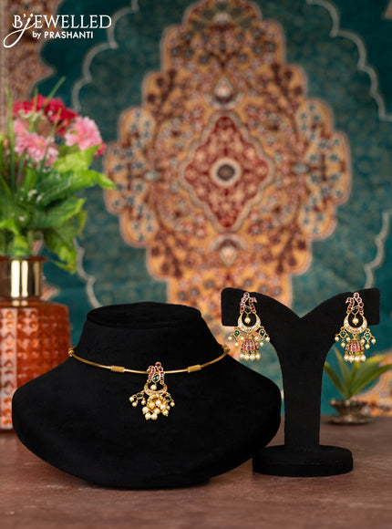 Antique ring type choker chandbali & peacock design with kemp & cz stones and pearl hangings