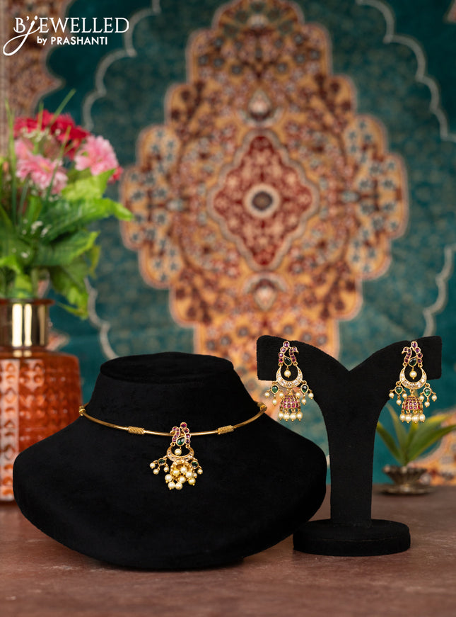 Antique ring type choker chandbali & peacock design with kemp & cz stones and pearl hangings