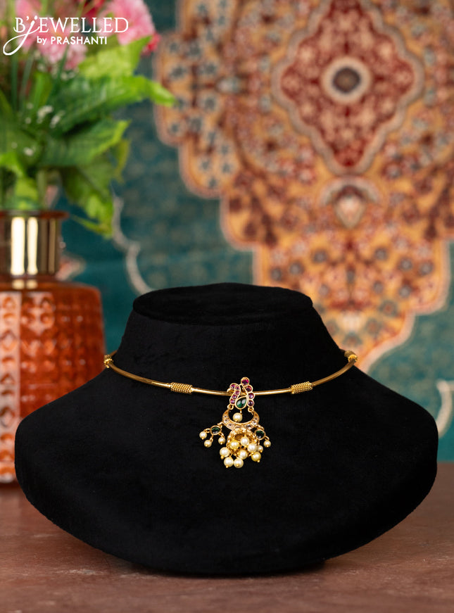 Antique ring type choker chandbali & peacock design with kemp & cz stones and pearl hangings