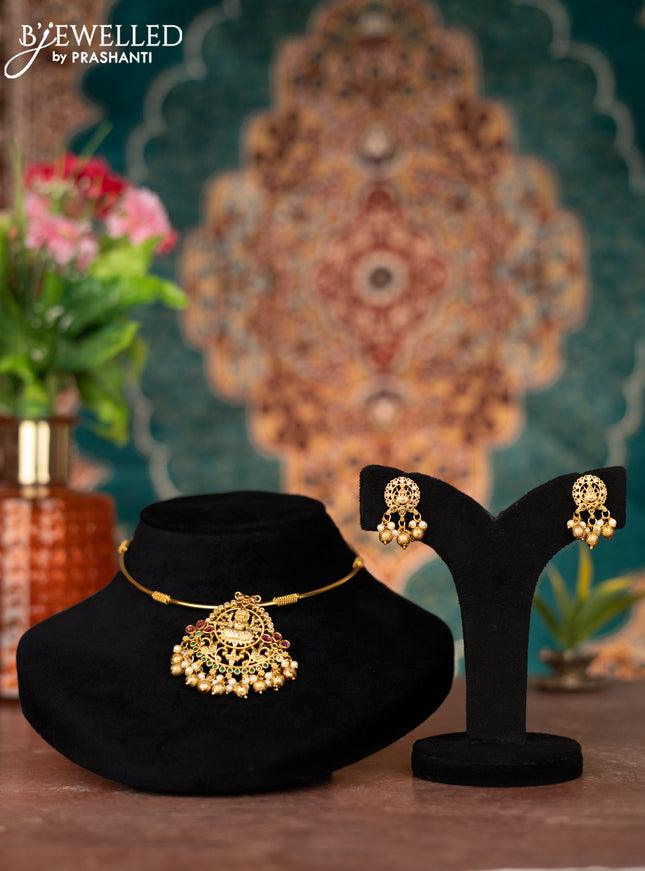 Antique ring type choker lakshmi design with kemp & cz stones and pearl & golden beads hangings