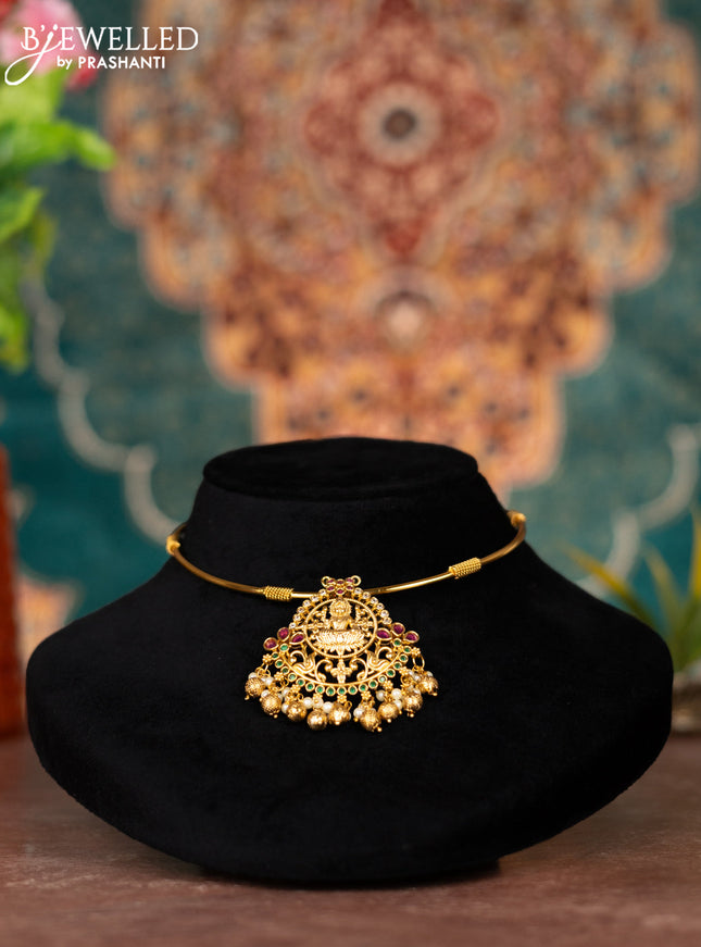 Antique ring type choker lakshmi design with kemp & cz stones and pearl & golden beads hangings