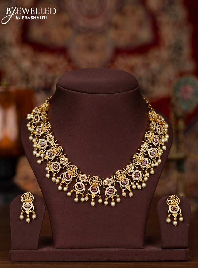 Antique necklace with pink kemp & cz stones and pearl hangings