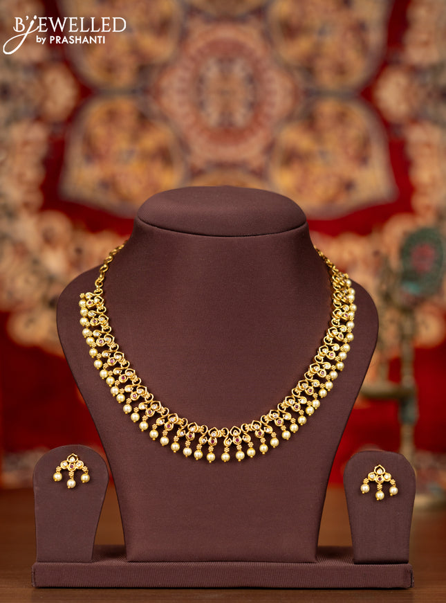 Antique necklace with pink kemp & cz stones and pearl hangings