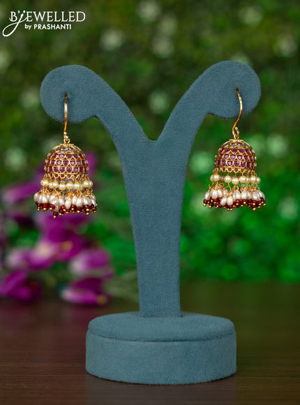 Antique hanging type jhumkas with ruby & cz stones and pearl hangings