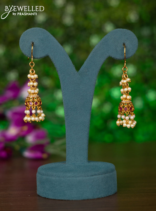 Antique hanging type jhumka with kemp & cz stones and pearl hangings