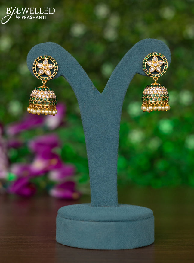 Antique jhumkas with emerald & kundan stones and pearl hangings