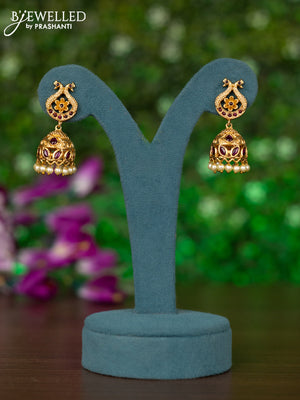 Antique jhumkas peacock design with ruby stones and pearl hangings