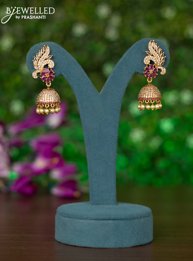 Antique jhumkas with ruby & cz stones and pearl hangings