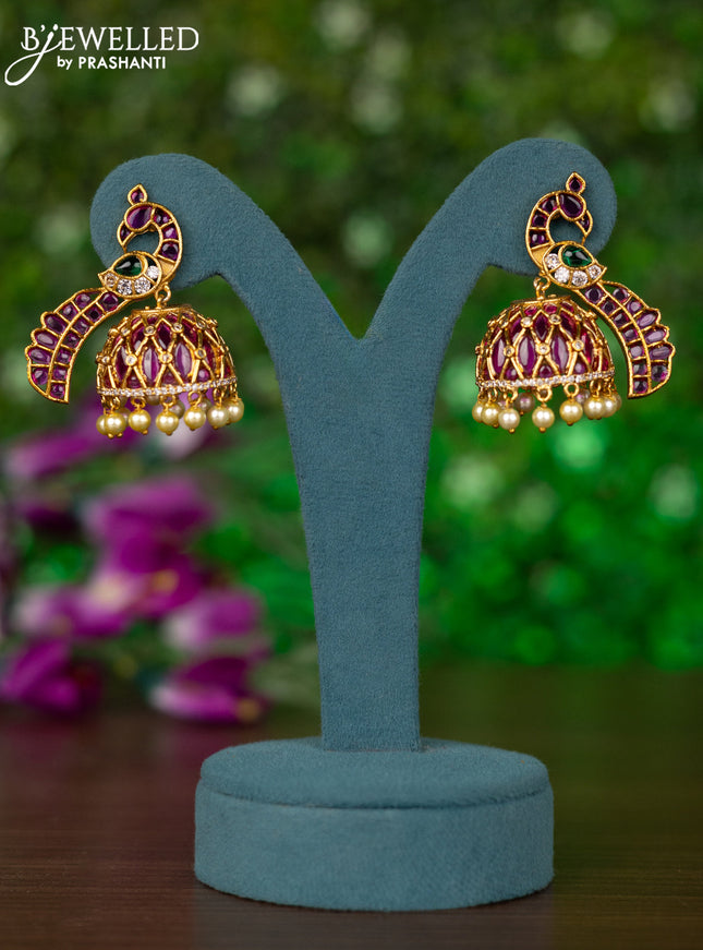 Antique jhumkas peacock design with kmep & cz stones and pearl hangings