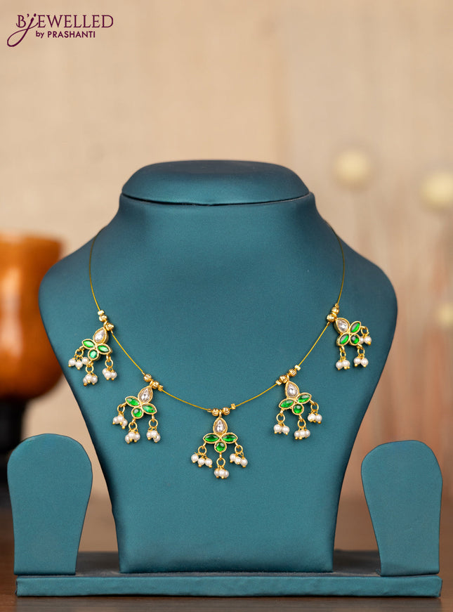 Invisible chain with green jadau kundan stones and pearl hangings without earrings