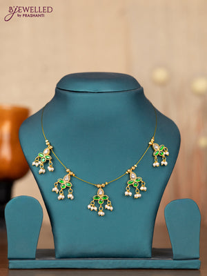 Invisible chain with green jadau kundan stones and pearl hangings without earrings