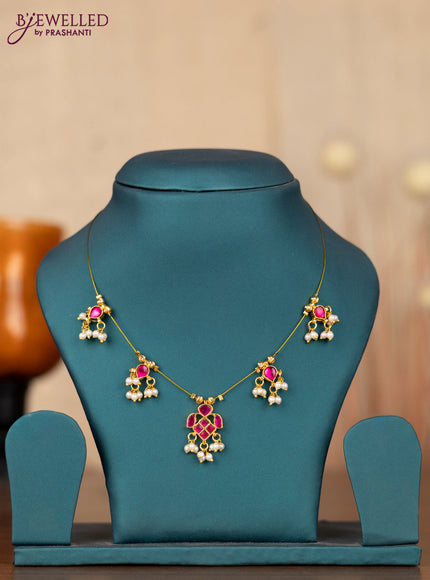 Invisible chain with pink jadau stones and pearl hangings without earrings