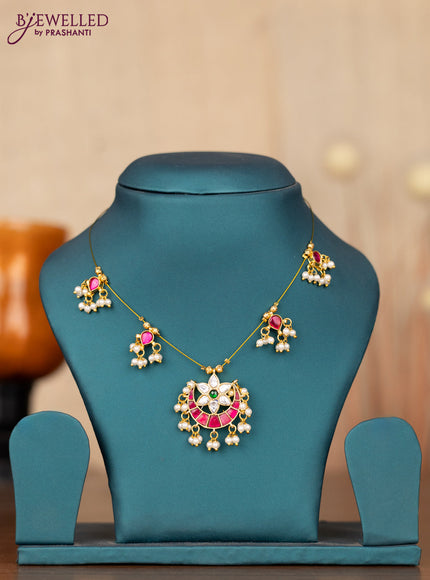 Invisible chain chandbali design with jadau kundan stones and pearl hangings without earrings