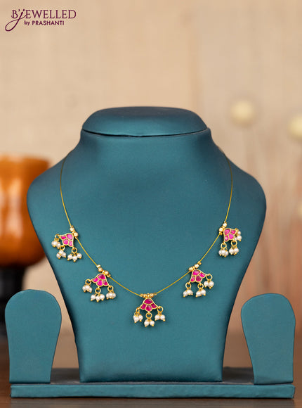 Invisible chain with pink jadau stones and pearl hangings without earrings