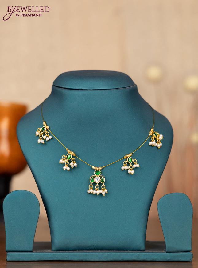 Invisible chain with green jadau kundan stones and pearl hangings without earrings