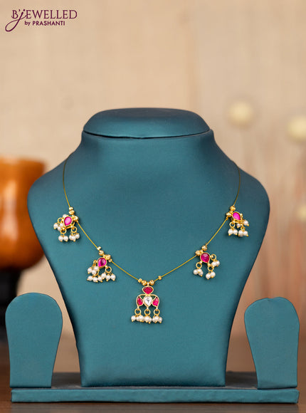 Invisible chain with pink jadau kundan stones and pearl hangings without earrings