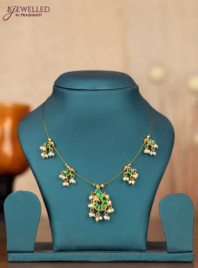 Invisible chain peacock design with green jadau stones and pearl hangings without earrings
