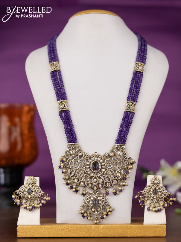 Beaded triple layer violet necklace with kundan & cz stones and pearl & beads hangings