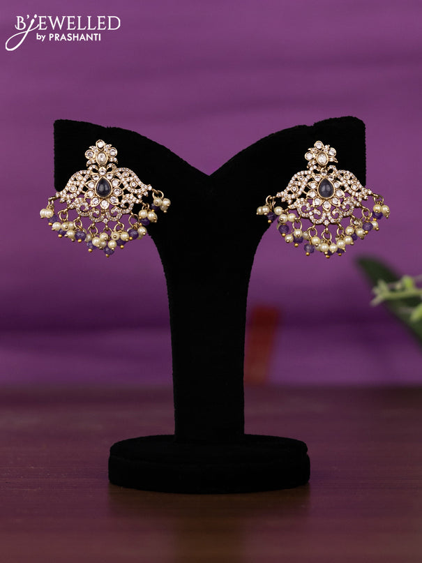 Beaded triple layer violet necklace with kundan & cz stones and pearl & beads hangings