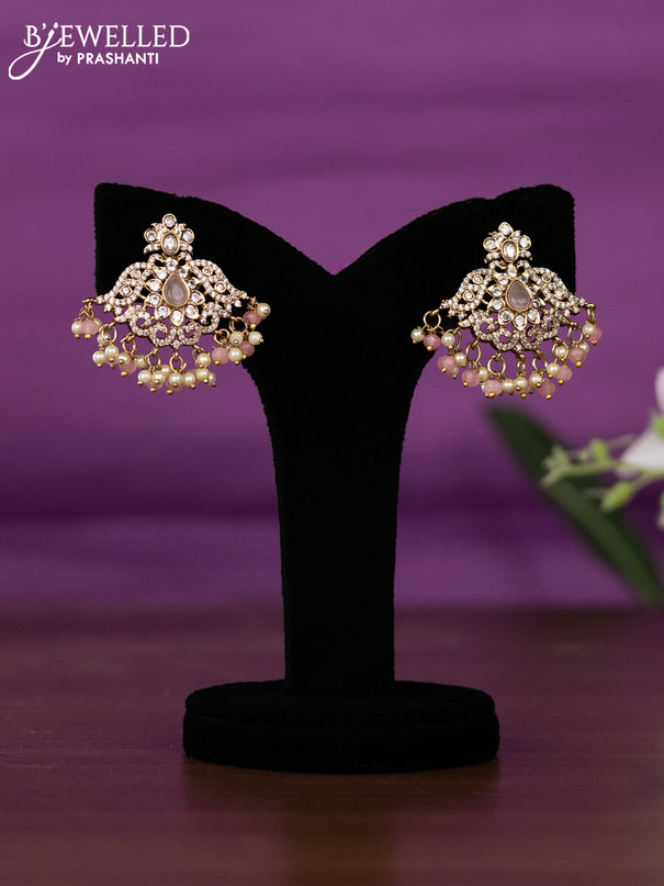 Beaded triple layer baby pink necklace with kundan & cz stones and pearl & beads hangings