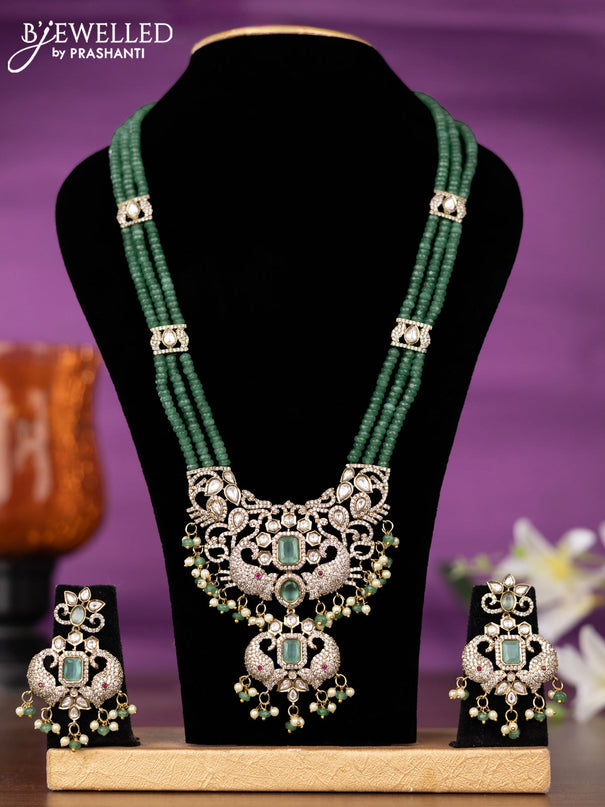 Beaded triple layer mint green necklace elephant design with kundan & cz stones and pearl & beads hangings