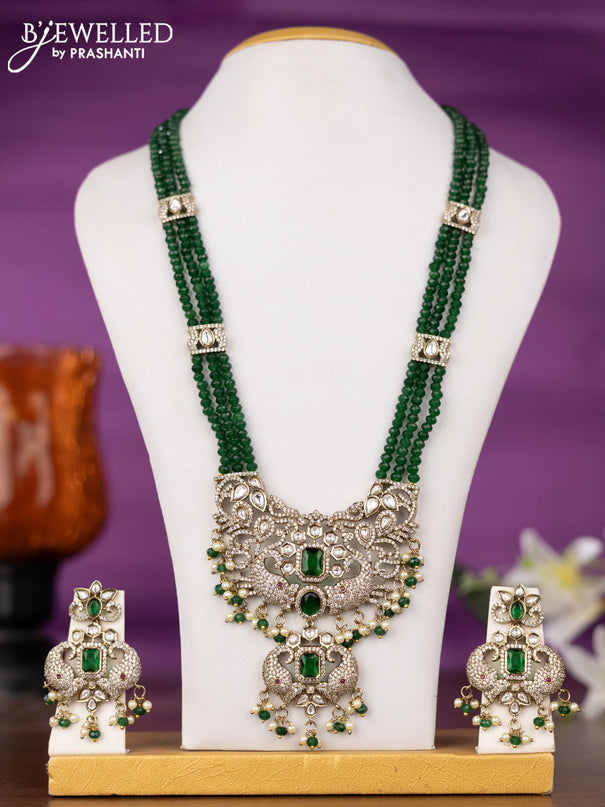 Beaded triple layer green necklace elephant design with kundan & cz stones and pearl & beads hangings