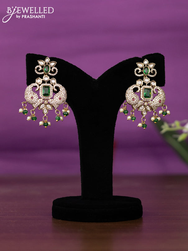 Beaded triple layer green necklace elephant design with kundan & cz stones and pearl & beads hangings